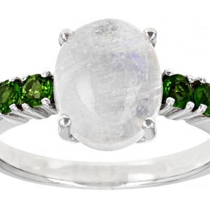 10x8mm Oval Rainbow Moonstone And 0.22ctw Round Chrome Diopside Silver Ring