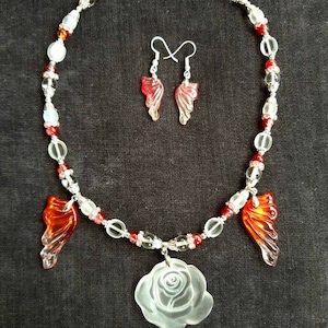 Beautiful Frosted Cherry Quartz Rose Necklace and Angel Wings Earring Set.