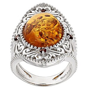 Oval Orange Amber And Round Vermelho Garnet Rhodium Over Sterling Silver Ring