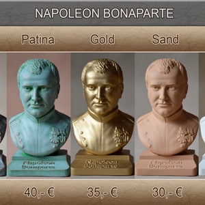 May include: Five bust sculptures of Napoleon Bonaparte in different finishes: bronze, patina, gold, sand, and white. Each bust is on a square base with the name "Napoleon Bonaparte" inscribed on the front. The price of each bust is listed below: $45, $40, $35, $30, and $30.
