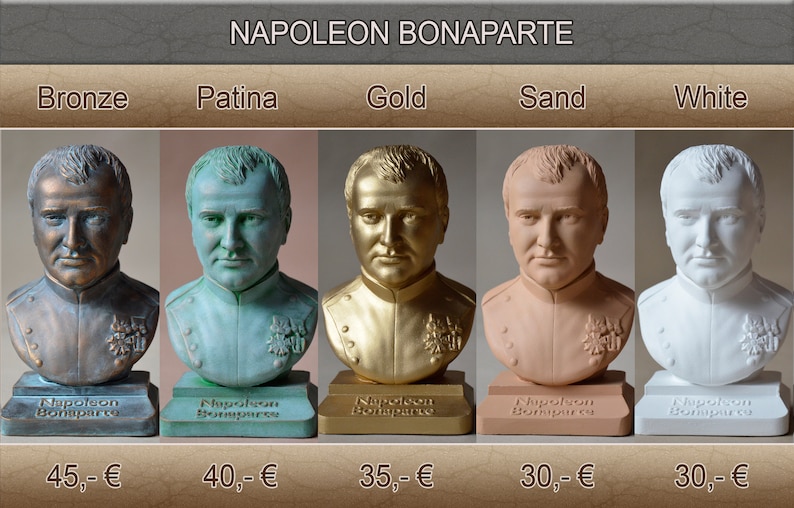 May include: Five bust sculptures of Napoleon Bonaparte in different finishes: bronze, patina, gold, sand, and white. Each bust is on a square base with the name "Napoleon Bonaparte" inscribed on the front. The price of each bust is listed below: $45, $40, $35, $30, and $30.