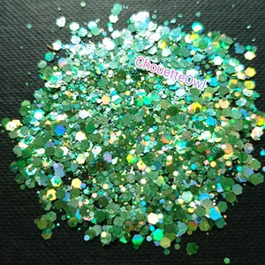 Paillettes biodégradables hexagonales, vert holographique, émeraude, Nail art, maquillage, bombe de bain, festival, 5 grammes