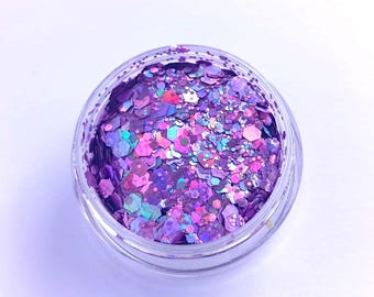 Paillettes biodégradables, visage et corps, maquillage festival, violet holographique, ongles, Améthyste