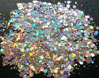 Holographic silver biodegradable glitter, face and body makeup, bio glitter festival, nails, 5ml