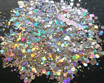 Paillettes biodégradables argent holographique, Hématite, 5 grammes, maquillage, nail art, bougie, visage, bombe de bain