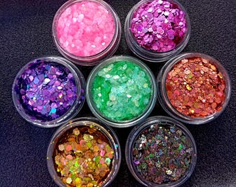 Pack paillettes biodégradables au choix – 3, 5 ou 10 pots, holographic chunky glitter, festival, face body, nail art