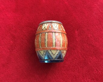 Vintage Treen Barrel/Drum Hand Carved. Ethnic Imagery. Hand Painted and Glazed. Poker Work. Hidey-Hole. 10 cm High