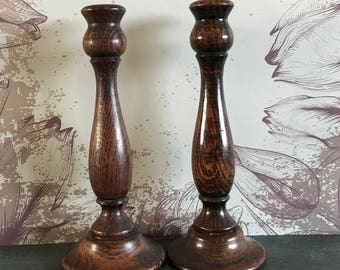 English Oak Candlesticks 1930s Eight inches Tall. Lovely Graining and Patina