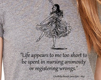 Jane Eyre t-shirt, Shirt with quote .Crew Neck Dark Heather Gray T-shirt with Jane Eyre by Charlotte Bronte quote