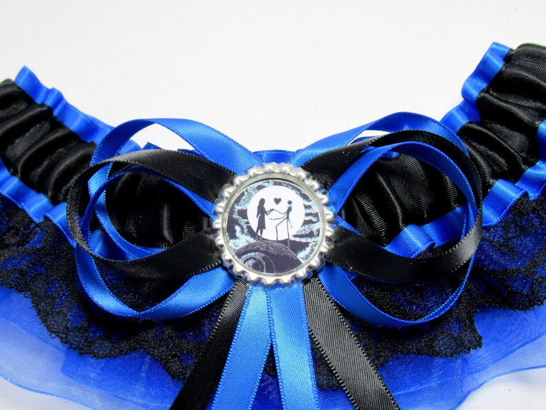 Satinorganzalace nightmare halloween garter Handmade Organza /& Lace Trimmed Jack sally keepsake Bridal Wedding Garterset