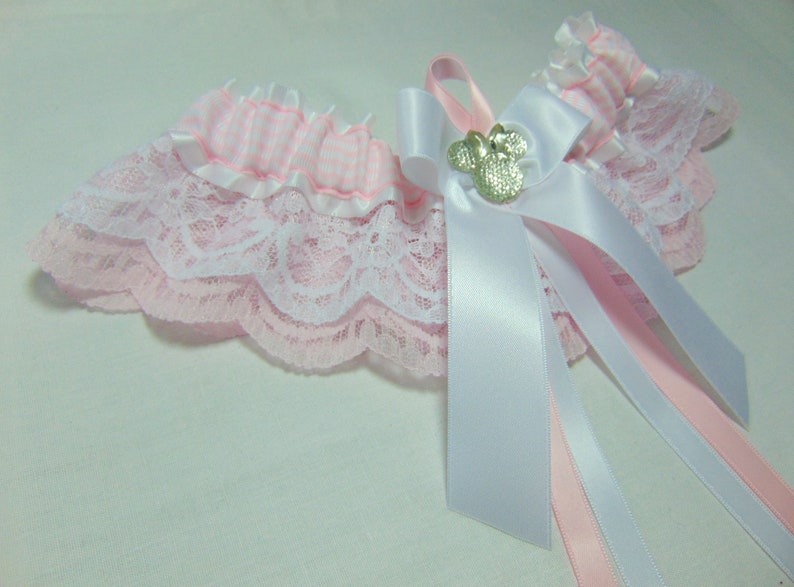 fairy tale garter.SatinLace Handmade stripe pink Mouse lace keepsake bridal wedding garter themed garter