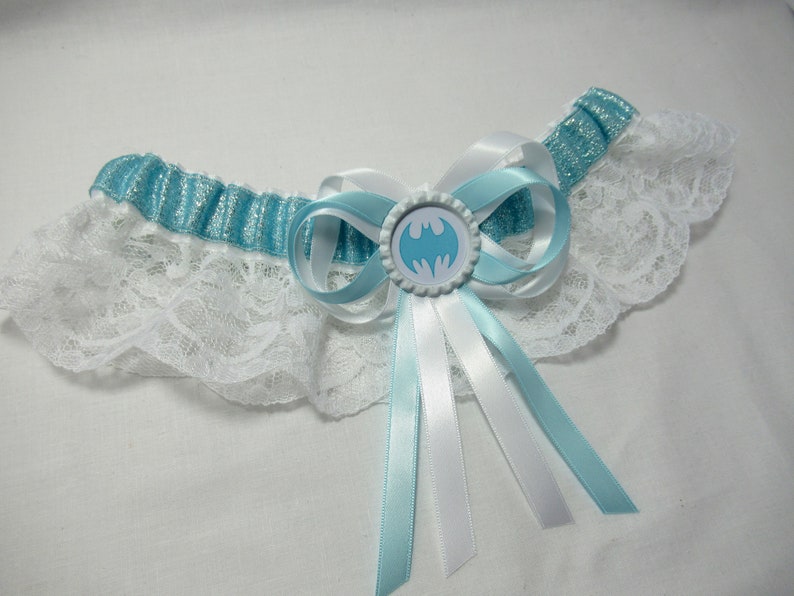 satinLaceSparkle Handmade Blue Sparkle Bat man keepsake Bridal Wedding Garter