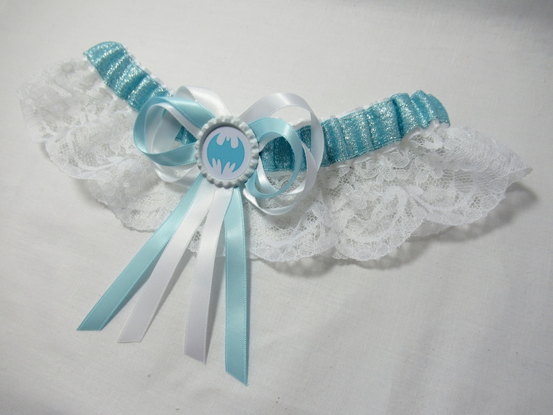 satinLaceSparkle Handmade Blue Sparkle Bat man keepsake Bridal Wedding Garter