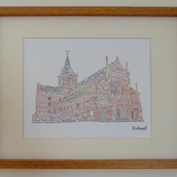 St Magnus Cathedral Framed Print designed with words to do with Kirkwall in the Orkney Islands