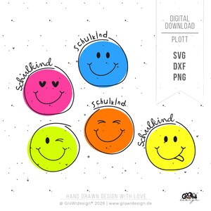 May include: Five colourful circular smiley face graphics with hand-drawn outlines and the German word Schulkind written above each. The faces are pink, blue, orange, lime green, and yellow, featuring various expressions like winking and heart eyes.