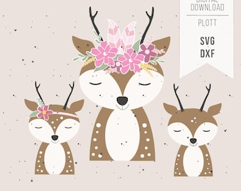 Plotter file Deer SVG DXF - Boho Fawn Woodland Animal 3 Vector Motifs - Iron-on transfer for girls' shirts incl. commercial license