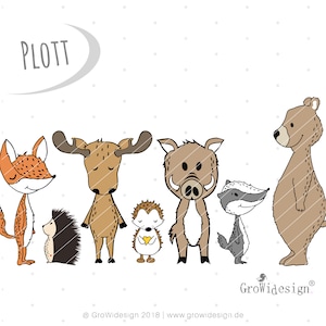 May include: A digital illustration of a group of forest animals, including a fox, moose, boar, badger, hedgehog, and bear. The animals are all standing in a row and are drawn in a simple, cartoon style.