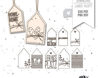 May include: Set of eight house-shaped gift tags with various designs and text, including "Home Sweet Home", "Zuhause mit Glück", "Willkommen", "Lieblings Platz", and more. The tags are brown and white with a heart design.