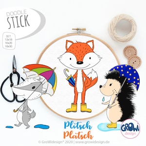 Embroidery file Forest Animals Fox Hedgehog Badger Rain