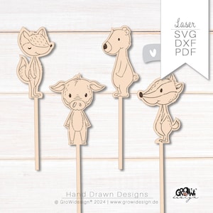 Décoration de gâteau d'anniversaire avec brochette à gâteau, animaux de la forêt découpés au laser SVG