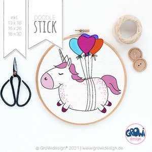 May include: A white unicorn with a pink mane and tail is holding onto four balloons. The balloons are blue, pink, red, and orange. The unicorn is flying in the air. The image is a digital embroidery pattern for a hoop.