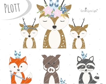 SVG plotter file for forest animals - deer, fox, sow, raccoon - Boho