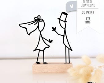 3D file WEDDING Wedding couple - STL 3MF Bambu Studio - Table decoration stick figures - LineArt