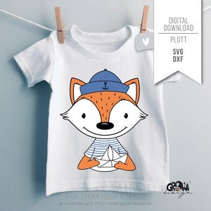 May include: A digital download of a cute cartoon fox wearing a blue sailor hat and holding a paper boat. The fox is smiling and has a striped shirt. The text "HAND DRAWN DESIGN WITH LOVE" is at the bottom of the image.