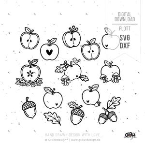May include: A collection of black and white line art illustrations featuring apples, acorns, leaves, and mushrooms. The image includes text that reads DIGITAL DOWNLOAD PLOTT SVG DXF, HAND DRAWN DESIGN WITH LOVE, and Growi design. The style is simple and graphic.