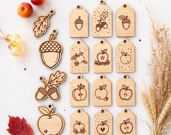 Laser file for autumn pendants with acorn and apple SVG, gift tags with autumn motifs, digital file including commercial license.