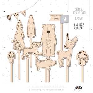 Décoration de gâteau au format laser, ANIMAUX DE LA FORÊT SVG, avec licence commerciale, téléchargement numérique GWL2511