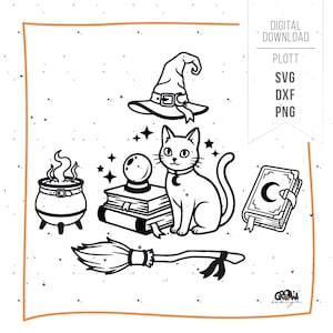 Könnte beinhalten: Eine schwarz-weiße digitale Illustration mit einem Hexenhut, einer Katze mit Mondsichel-Halsband, einer Kristallkugel auf Büchern, einem dampfenden Kessel, einem Zauberbuch mit Mondsymbol und einem Besen. Text: DIGITAL DOWNLOAD PLOTT SVG DXF PNG.