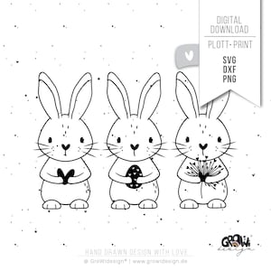 May include: Three black and white line drawings of bunnies. Each bunny is holding a different object: a heart, an egg, and a bouquet of flowers.