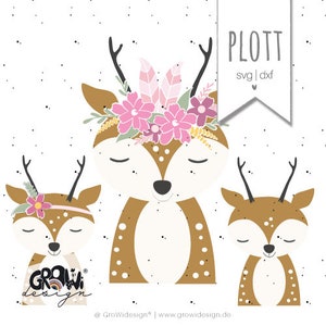 May include: Three cute cartoon deer with closed eyes. The deer in the center has a pink flower crown with feathers. The deer on the left and right have a pink flower headband. The background is white with small black dots.