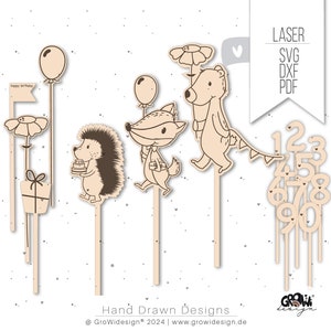 Arquivo laser CAKETOPPER aniversário FLORESTA ANIMAIS svg urso BADGER ouriço