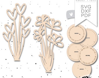 May include: Two laser cut designs for crafting projects. The first design features a cluster of stylised hearts. The second design features a cluster of stylised flowers. The text "Laser Plott" is in the top right corner of the image. The text "SVG DXF PDF" is below the text "Laser Plott". The text "Hand Drawn Designs" is at the bottom of the image. The text "@ GroWidesign® 2024 | www.growidesign.de" is below the text "Hand Drawn Designs". The text "GROW design" is in the bottom right corner of the image.