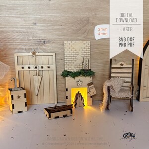 Könnte beinhalten: Eine Sammlung lasergeschnittener Miniatur-Weihnachtsdekorationen aus Holz, darunter eine Tür, ein Kamin, ein Stuhl und weiteres Zubehör. Die Dekorationen sind unbemalt und weisen aufwendige Details auf. Das Bild enthält den Text "DIGITALER DOWNLOAD" und "LASER".