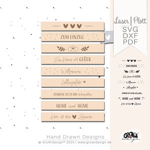 May include: A set of six digital cut files for a housewarming gift. The files include the text "Zum Einzug", "Ein Haus voll Glück", "Willkommen", "Lieblingsplatz", "Zuhause ist es am schönsten", and "Home sweet Home". The files are in SVG, DXF, and PDF formats.