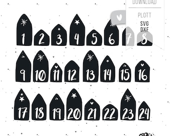 Plotter file Advent calendar NUMBERS SVG - Christmas calendar numbers houses