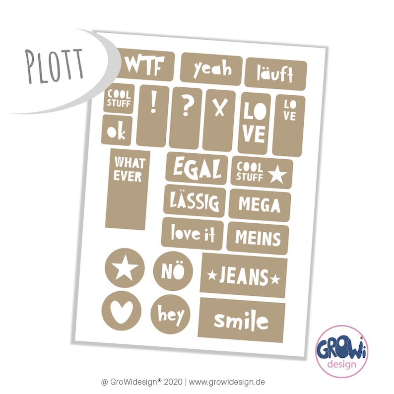 K&ouml;nnte beinhalten: Eine Bogen beige Sticker mit wei&szlig;em Text und Grafiken. Die Sticker zeigen W&ouml;rter und S&auml;tze wie "WTF", "yeah", "l&auml;uft", "LOVE", "EGAL", "L&Auml;SSIG", "MEGA", "love it", "MEINS", "NO", "JEANS", "hey", und "smile".