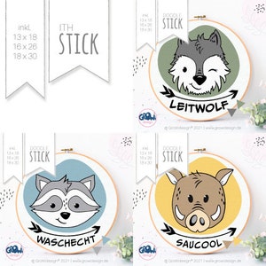 May include: Four embroidery hoops with animal designs: a wolf, raccoon, and boar, each with a German word. The hoops are in various colors, including green, blue, and yellow. The text "DOODLE STICK" and size information are also included.