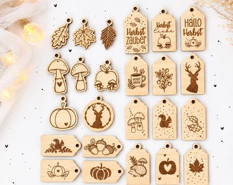 Laser file for autumn wood pendants SVG, gift tags with autumn motifs, wooden pendant digital file including commercial license