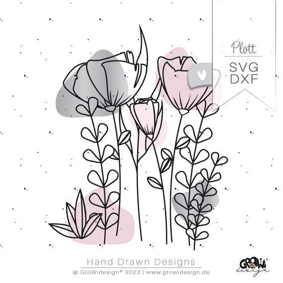 Plotterdatei Blumenwiese SVG DXF – Filigrane Blumen Wiese Clipart für Sommer Dekoration – Botanik Bügelbild PNG Commercial Use