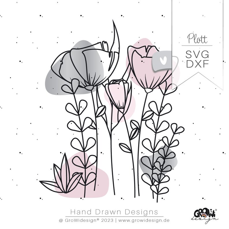Plotterdatei Blumenwiese SVG DXF – Filigrane Blumen Wiese Clipart für Sommer Dekoration – Botanik Bügelbild PNG Commercial Use