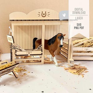 May include: A miniature wooden horse stable scene featuring a brown and white horse. The stable includes two stalls, a hay rack, and a sign reading "Bella". The image also displays the text "DIGITAL DOWNLOAD LASER SVG PNG PDF".