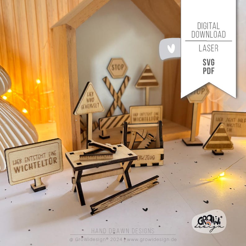 Laserdatei Wichtel Baustelle SVG DXF | Wichteltür Zubehör Holz | Miniatur Baustelle Schild Absperrung | Digital Download Commercial Use