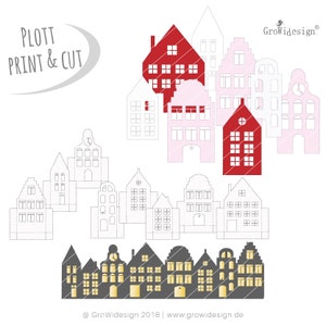 Può includere: Un modello di papercraft stampabile di una fila di case con uno schema di colori rosso, rosa e bianco. Il design include il testo "PLOTT PRINT & CUT" e "GroWidesign®".