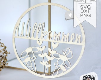 Schild Willkommen Blumen Lasercut svg png dxf