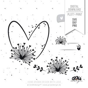 Fichier de traçage DANDELION Love SVG - Flower Heart GroWidesign
