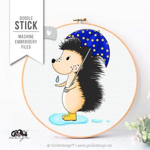Hedgehog embroidery design with umbrella - Woodland animal doodle embroidery - 13×18, 16×26, 18×30